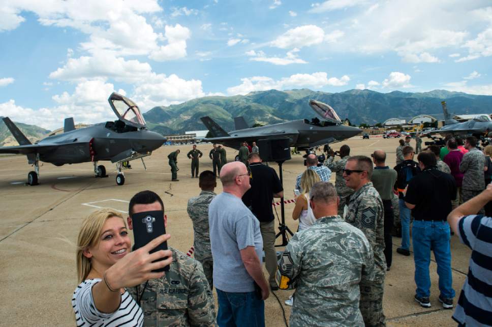 Chris Detrick  |  The Salt Lake Tribune
People take selfies with the new F-35s at Hill Air Force Base Wednesday September 2, 2015.