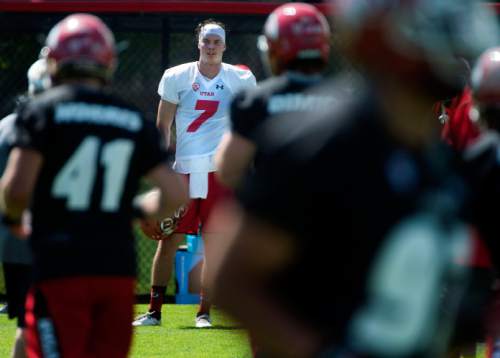 Steve Griffin  |  The Salt Lake Tribune

University of Utah quarterback Travis Wilson watches the reserves practice during first day of fall football camp at the University of Utah baseball field in Salt Lake City, Thursday, August 6, 2015.  l