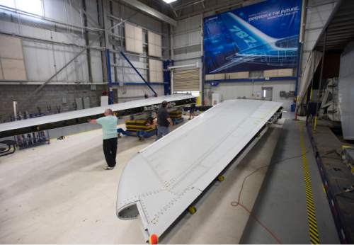Steve Griffin  |  The Salt Lake Tribune

Mechanics work on a vertical fin assembly for a Boeing 787 Dreamliner at Boeing in Salt Lake City, Thursday, September 3, 2015.