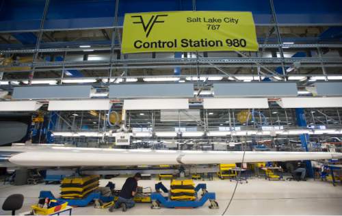 Steve Griffin  |  The Salt Lake Tribune

Mechanics work on a vertical fin assembly for a Boeing 787 Dreamliner at Boeing in Salt Lake City, Thursday, September 3, 2015.