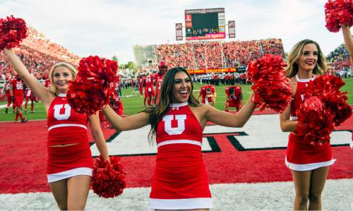 Chris Detrick  |  The Salt Lake Tribune
Utah cheerleaders pump up the crowd before the game at Rice-Eccles Stadium Thursday September 3, 2015.  Utah is winning 10-3 at halftime.