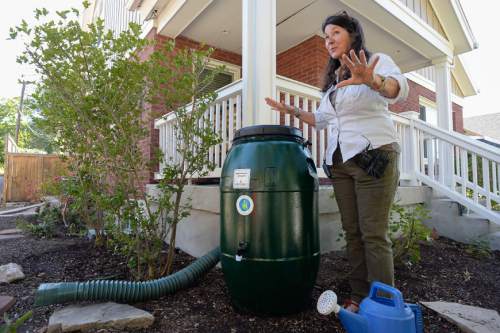 Francisco Kjolseth | The Salt Lake Tribune
Stephanie Duer, city Water Conservation Manager, demonstrates the ease of installing the newly available 60-gallon rain barrel. Salt Lake City rolled out their Rain Barrel Initiative to build on the free Water Check Program, and to encourage and assist customers in making efficient use of the area's shared and limited water resources.