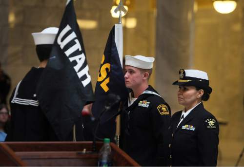 Scott Sommerdorf   |  The Salt Lake Tribune
In this Dec. 7, 2013, photo, the Great Salt Lake Division of the Naval Sea Cadet Corps was recommissioned as the NSCC Battleship Utah (BB-31) in a ceremony at the Utah Capitol.