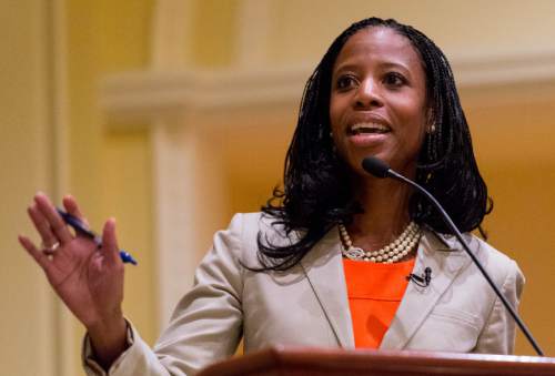 Trent Nelson  |  The Salt Lake Tribune
Utah 4th Congressional District Candidate Mia Love speaks during her debate with opponent Doug Owens at the annual Utah Taxes Now Conference at the Grand America Hotel in Salt Lake City Tuesday May 20, 2014.