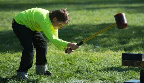 Rick Egan  |  The Salt Lake Tribune

Justin Trey, 9, American Fork, tries to ring the bell, at the 15th Annual Labor Day Picnic, and car show in Magna Copper Park,  Monday, September 7, 2015.