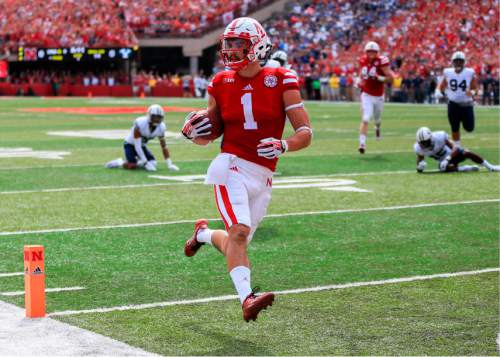 Nebraska wide receiver Jordan Westerkamp (1) scores a touchdown against BYU during the first half of an NCAA college football game in Lincoln, Neb., Saturday, Sept. 5, 2015. (AP Photo/Nati Harnik)
