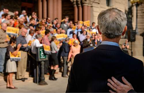 Trent Nelson  |  The Salt Lake Tribune
Salt Lake City Mayor Ralph Becker prepares to speak in front of supporters gathered on the steps of City Hall as he kicks off the second phase of his re-election campaign, Tuesday September 8, 2015.