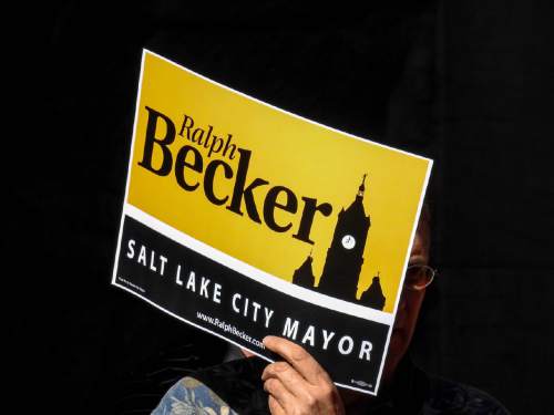 Trent Nelson  |  The Salt Lake Tribune
A supporter of Salt Lake City Mayor Ralph Becker looks on as Becker kicks off the second phase of his re-election campaign, at City Hall, Tuesday September 8, 2015.