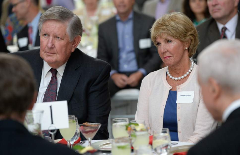 Francisco Kjolseth | The Salt Lake Tribune
Named in honor of businessman and philanthropist Kem Gardner, alongside his wife Carolyn, the University of Utah officially launches the formation of the Kem C. Gardner Policy Institute during a luncheon at the Utah Capitol on Wed. Sept. 2015. The institute aims to gather thought leaders to help develop public policy to better serve Utah.
