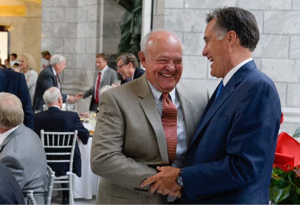 Francisco Kjolseth | The Salt Lake Tribune
Lane Beattie, left, head of the Utah Chamber of Commerce, meets with former Governor Mitt Romney as the University of Utah officially launches the formation of the Kem C. Gardner Policy Institute at the University of Utah, during a luncheon at the Utah Capitol on Wed. Sept. 2015. Named in honor of businessman and philanthropist Kem Gardner, the institute aims to gather thought leaders to help develop public policy to better serve Utah.