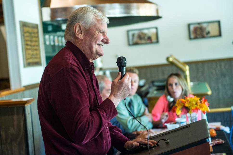 Chris Detrick  |  The Salt Lake Tribune
Salt Lake Tribune's Paul Rolly speaks at Totem's in Salt Lake City Tuesday September 8, 2015.  Unified Police Department  Sergeant James Morton was recognized as the Footprinter's Association  Law Enforcement Officer of the Year. This honor is also known as the Robert J. O'Neill award.