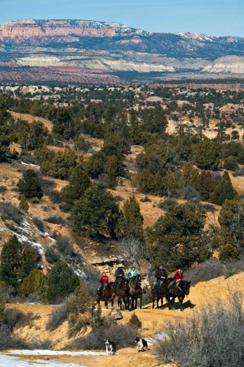 Chris Detrick  |  Tribune file photo
Horseback riders go along the trail to Rock Springs Point along the west edge of the Grand Staircase-Escalante National Monument Saturday February 18, 2012.