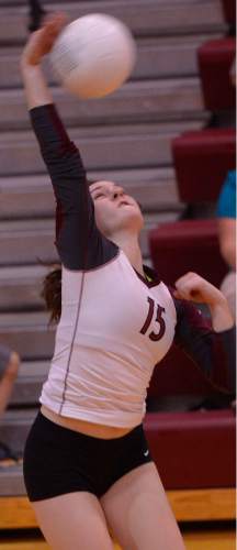 Leah Hogsten  |  The Salt Lake Tribune
Morgan's Kennedy Wortman tries to make a kill.  Morgan High School girls volleyball hosts Lone Peak High, September 8, 2015.