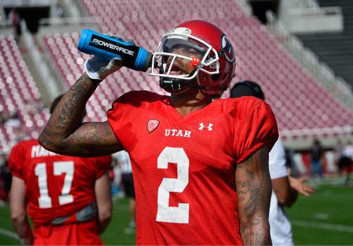 Scott Sommerdorf   |  The Salt Lake Tribune
Utah WR Kenneth Scott hydrates during University of Utah Spring scrimmage at Rice-Eccles Stadium, Saturday, April 11, 2015.