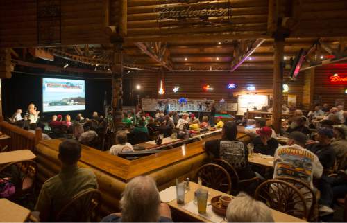Rick Egan  |  The Salt Lake Tribune

Louise Ann Noeth, gives her presentation on 100 years of Bonneville-Racing History from the Racers Perspective," as the racing community gathered together at Totems, to educate the public on the Bonneville Salt Flats, which are losing salt and leading to the cancellation of several racing events. 
Wednesday, September 9, 2015.