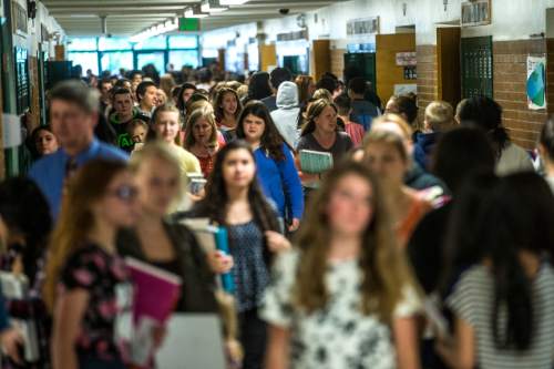 Chris Detrick  |  The Salt Lake Tribune
Students walk the halls in between classes at Evergreen Junior High School Wednesday May 20, 2015.