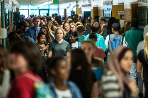 Chris Detrick  |  The Salt Lake Tribune
Students walk the halls in between classes at Evergreen Junior High School Wednesday May 20, 2015.  Utah schools are expected to grow to 1 million students by the year 2050.