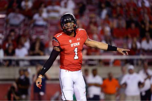 Scott Sommerdorf   |  The Salt Lake Tribune
Utah QB Kendal Thompson took over for the injured Travis Wilson, and finished 8 for 10 passes and 56 yards. Utah beat Utah State 24-14 at Rice-Eccles, Friday, September 11, 2015.