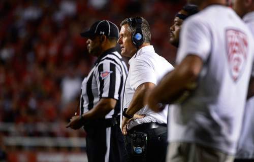 Scott Sommerdorf   |  The Salt Lake Tribune
Utah head coach Kyle Whittingham watches his team late in the game versus USU. Utah beat Utah State 24-14 at Rice-Eccles, Friday, September 11, 2015.