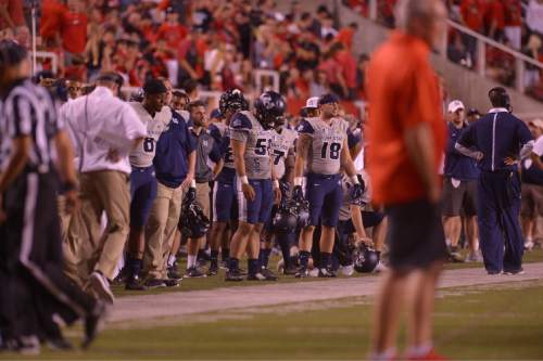 Leah Hogsten  |  The Salt Lake Tribune
Reaction from the Aggies bench in the final minutes of the game. University of Utah defeated Utah State 24-14  at Rice-Eccles Stadium, Friday, September 11, 2015.