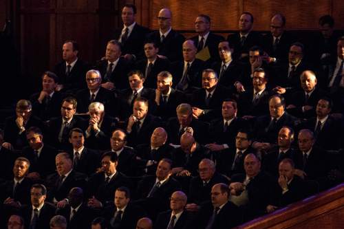 Chris Detrick  |  The Salt Lake Tribune
Members of the Mormon Tabernacle Choir listen as Linda K. Burton, Relief Society general president, speaks during the 185th Annual LDS General Conference Saturday April 4, 2015.