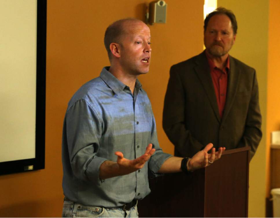 Paul Fraughton  |   Salt Lake Tribune
Zach Frankel, of The Utah Rivers Council speaks to a group  of concerned people at a  rally where representatives of  environmental organizations  voiced their reasons for opposing the 
proposed water sharing agreement between Nevada and Utah. Thursday, March 28, 2013