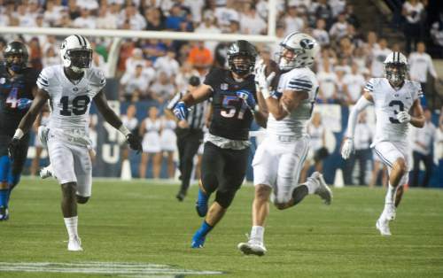 Rick Egan  |  The Salt Lake Tribune


Brigham Young Cougars wide receiver Mitchell Juergens (87) hauls in a pass, which resulted in a touchdown, giving BYU a 7-0 on their first possession, in college football action, BYU vs. Boise State at Lavell Edwards Stadium, Saturday, Sept. 12, 2015.