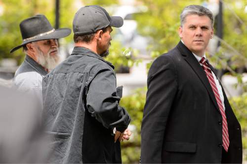 Trent Nelson  |  The Salt Lake Tribune
Phil Lyman, right, leaves court after closing arguments as the Recapture Canyon case goes to the jury in Salt Lake City, Friday May 1, 2015.