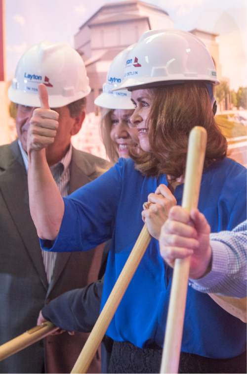 Rick Egan  |  The Salt Lake Tribune

Sally Dietlein gives the thumbs up after the groundbreaking for the new Hale Centre Theatre, at Sandy City Hall, Wednesday, September 16, 2015.