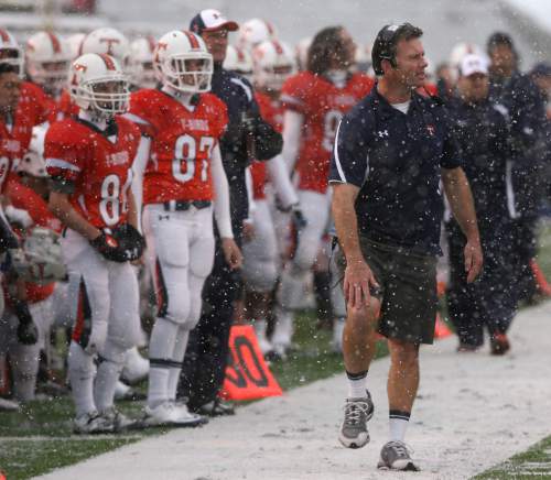 Steve Griffin | The Salt Lake Tribune


Timpview head coach, Cary Whittingham, doesn't let a little snow stop him from wearing shorts and a short sleeve shirt during 4A semifinal football game against East at Rice Eccles Stadium in Salt Lake City, Utah Friday November 9, 2012.