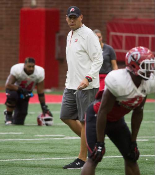 Steve Griffin  |  The Salt Lake Tribune

University of Utah football co-offensive coordinator Jim Harding watches the offense during practice at the Eccles Football Center on the University of Utah campus in Salt Lake City, Tuesday, September 15, 2015.