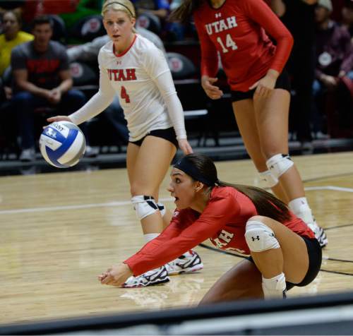 Francisco Kjolseth | The Salt Lake Tribune
Utah's Eliza Katoa returns a serve as they host No. 9 BYU in the annual meeting between the schools' women's volleyball teams.