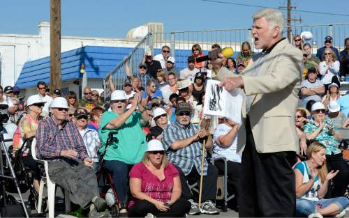 Al Hartmann  |  The Salt Lake Tribune
UMWA President Cecil Roberts voice booms over the crowd speaking at the Carbon County Coal Miners' Memorial that was unveiled and dedicated Monday September 7 to coal miners that died in accidents since the inception of mining in the 1880's.  Two statues and several large stone plaques with 1,400 names of fallen miners now resides in the Price Peace Park along Main Street.