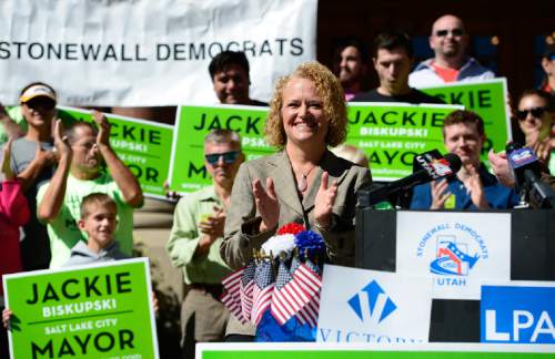 Scott Sommerdorf   |  The Salt Lake Tribune
Mayoral candidate Jackie Biskupski applauds the people who spoke and endorsed her candidacy after she was endorsed by various representatives from the Utah LGBT community on the east steps of City Hall, Sunday, September 20, 2015.