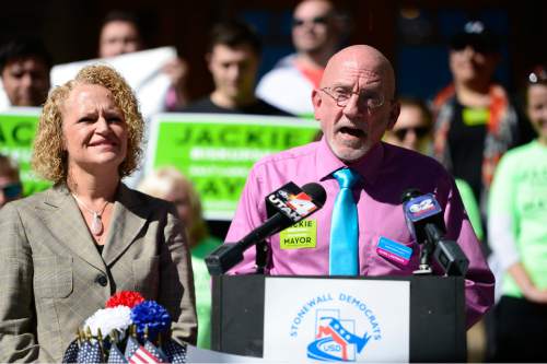 Scott Sommerdorf   |  The Salt Lake Tribune
Mark Lawrence, founder of Restore Our Humanity, speaks as he endorses the candidacy of Mayoral candidate Jackie Biskupski on the east steps of City Hall, Sunday, September 20, 2015.