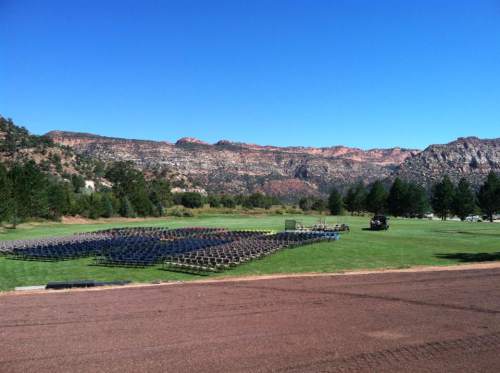 Nate Carlisle  |  Salt Lake Tribune
Hundreds of chairs have been set up in Maxwell Park in Hildale for Saturday's memorial service on behalf of the town's flash flood victims.