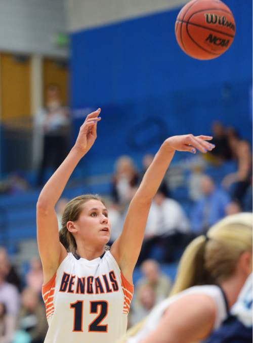Steve Griffin  |  The Salt Lake Tribune

Brighton's Dani Barton (12) knocks down two crucial free throws late in the Bengals' game against Layton in the girl's 5A basketball state tournament at SLCC in Taylorsville, Wednesday, February 18, 2015.