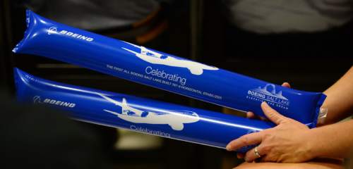 Steve Griffin  |  The Salt Lake Tribune

Employees cheer the completion of the first all Utah built 787-9 horizontal stabilizer (tail) during an event at the Boeing Fabrication Salt Lake facility Friday, September 25, 2015.