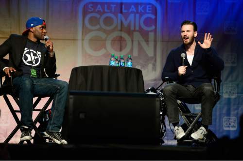 Scott Sommerdorf   |  The Salt Lake Tribune
Chris Evans, star of "Captain America: The Winter Soldier," answers questions during the spotlight panel moderated by Jay Whittaker, at ComicCon, Saturday, September 26, 2015.