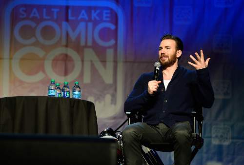 Scott Sommerdorf   |  The Salt Lake Tribune
Chris Evans, star of "Captain America: The Winter Soldier," answers questions during the spotlight panel with Chris Evans and Anthony Mackie, at ComicCon, Saturday, September 26, 2015.
