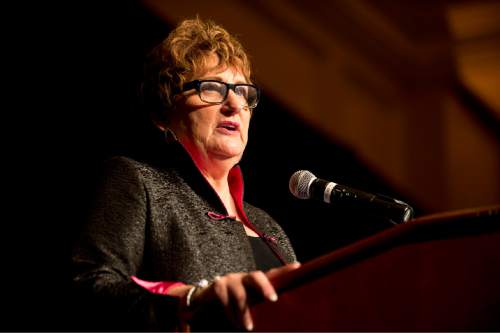 Lennie Mahler  |  The Salt Lake Tribune

Carolyn Goodwin Schubach speaks upon receiving an Outstanding Achievement Award for her work in education during the YWCA Leader Luncheon at the Grand America Hotel in Salt Lake City. Friday, Sept. 25, 2015.