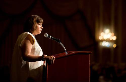 Lennie Mahler  |  The Salt Lake Tribune

Rosemary Hunter speaks upon receiving an Outstanding Achievement Award for community service during the YWCA Leader Luncheon at the Grand America Hotel in Salt Lake City. Friday, Sept. 25, 2015.