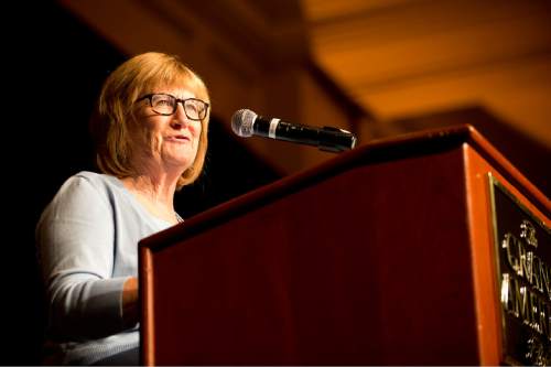 Lennie Mahler  |  The Salt Lake Tribune

Linda Leckman speaks upon receiving an Outstanding Achievement Award for medicine/health during the YWCA Leader Luncheon at the Grand America Hotel in Salt Lake City. Friday, Sept. 25, 2015.