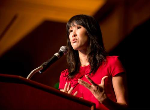 Lennie Mahler  |  The Salt Lake Tribune

Reporter Laura Ling gives the keynote speech during the YWCA Leader Luncheon at the Grand America Hotel in Salt Lake City. Friday, Sept. 25, 2015.