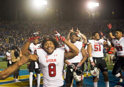 Rick Egan  |  The Salt Lake Tribune

The Utes celebrate their 30-28 upset over UCLA, in Pac 12 action, at the Rose Bowl, Saturday, October 4, 2014