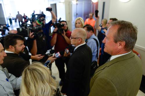 Francisco Kjolseth | The Salt Lake Tribune
Defense attorney Richard Van Wagoner addresses the media following former Utah Attorney General Mark Shurtleff's appearance in court, facing public corruption charges on Monday, Sept. 28, 2015, for a pre-trial hearing.