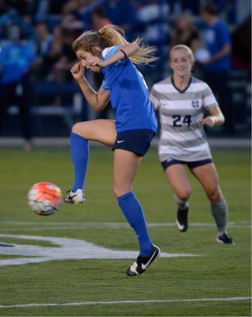 Francisco Kjolseth | The Salt Lake Tribune
All those LDS women who went on missions when the church changed the age to 19 are starting to get back, and several of them are having an impact on the college sports scene. BYU has two returned missionaries, goalkeeper Rachel Boaz, and midfielder Paige Hunt, pictured, who are starring on this year's soccer team after recently returning from Washington and Indiana, respectively.