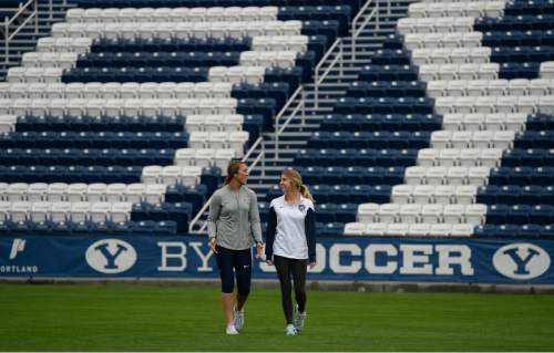 Francisco Kjolseth | The Salt Lake Tribune
BYU goalie Rachel Boaz, left, and midfielder Paige Hunt have been have been a big benefit to the team. Female college athletes like Rachel and Paige interrupted their college careers and went on LDS Church missions when the church changed the minimum age to 19. Many of these athletes are now returning to courts, fields and arenas, and having a big impact on college sports in the state.