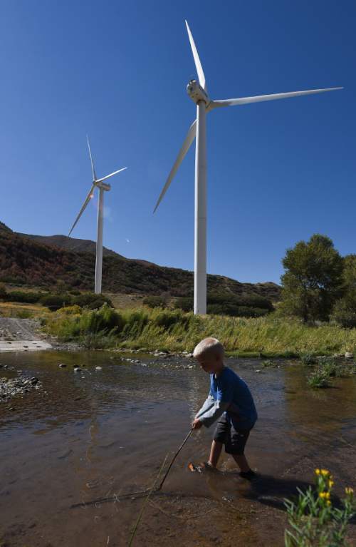 Francisco Kjolseth | The Salt Lake Tribune
Rocky Mountain Power hosts a tours to tout its Blue Sky clean energy program with a bus trip to the wind farm at the base of Spanish Fork canyon where Felix Plewe, 4, finds a nice place to cool off. Rocky Mountain Power contracts to buy the power from the station with nine wind mills, which at capacity generates 18.9 megawatts an hour.