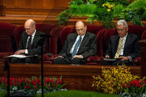 Chris Detrick  |  The Salt Lake Tribune
President Henry B. Eyring, first counselor in the First Presidency, Church President Thomas S. Monson and President Dieter F. Uchtdorf, second counselor in the First Presidency, bow their heads as Sister Jean A. Stevens, first counselor in the Primary General Presidency, prays during the afternoon session of the 185th Annual LDS General Conference Saturday April 4, 2015.